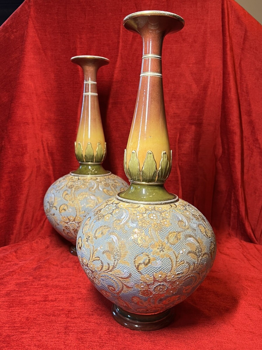 Pair Of 19th Century Art Nouveau Doulton Lambeth Vases Artist Catherine Francis