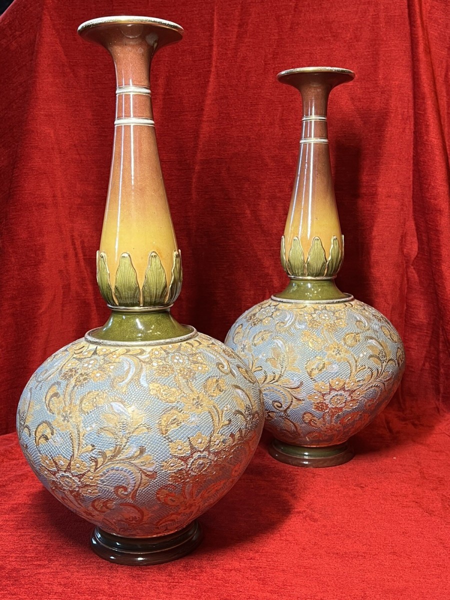 Pair Of 19th Century Art Nouveau Doulton Lambeth Vases Artist Catherine Francis