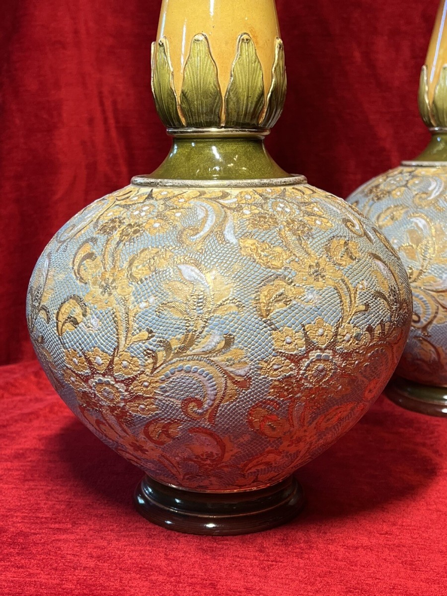 Pair Of 19th Century Art Nouveau Doulton Lambeth Vases Artist Catherine Francis