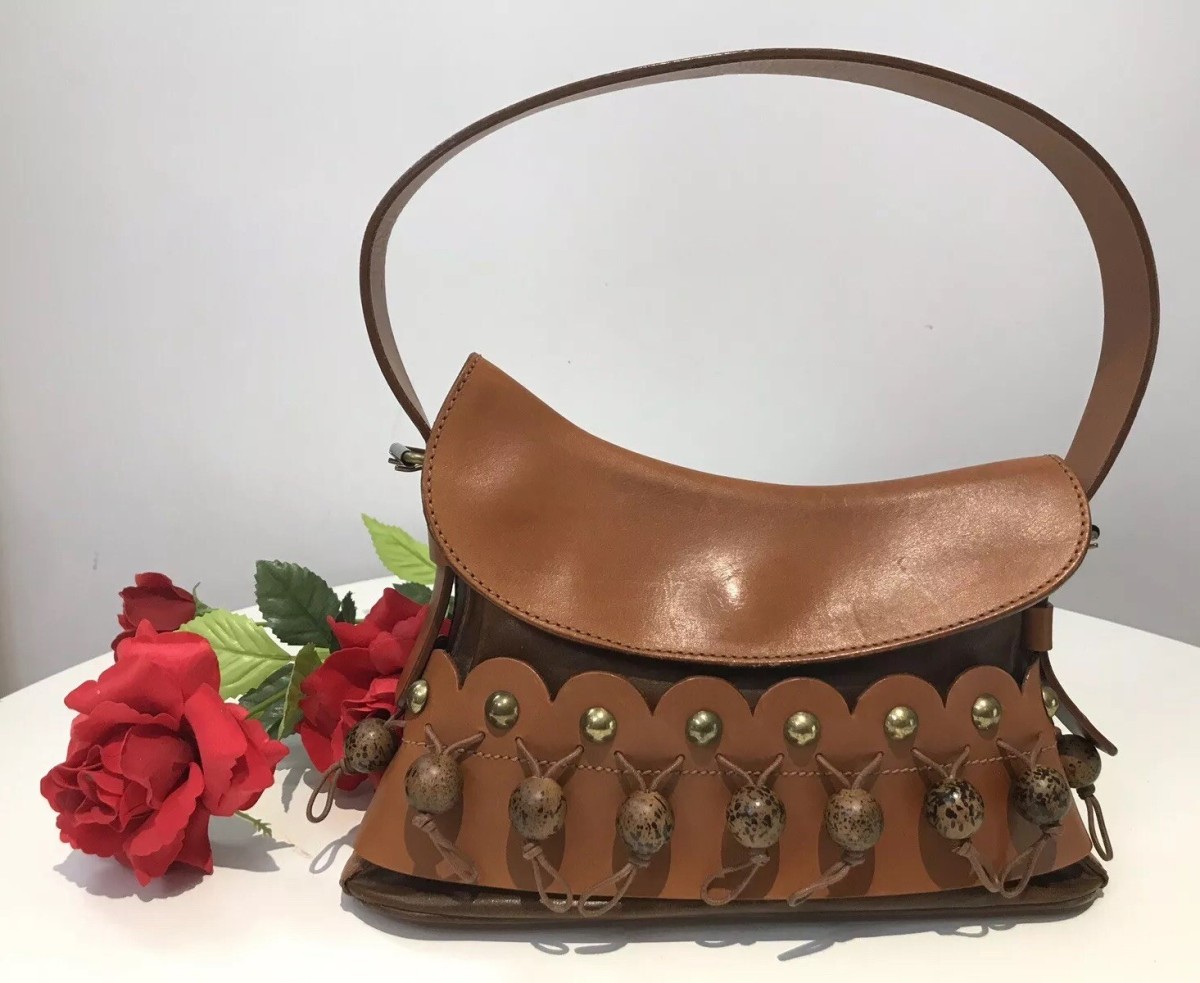 Primary image for Stunning Rodo Italian Designer Scalloped Edge Tan Leather Pom Pom Handbag