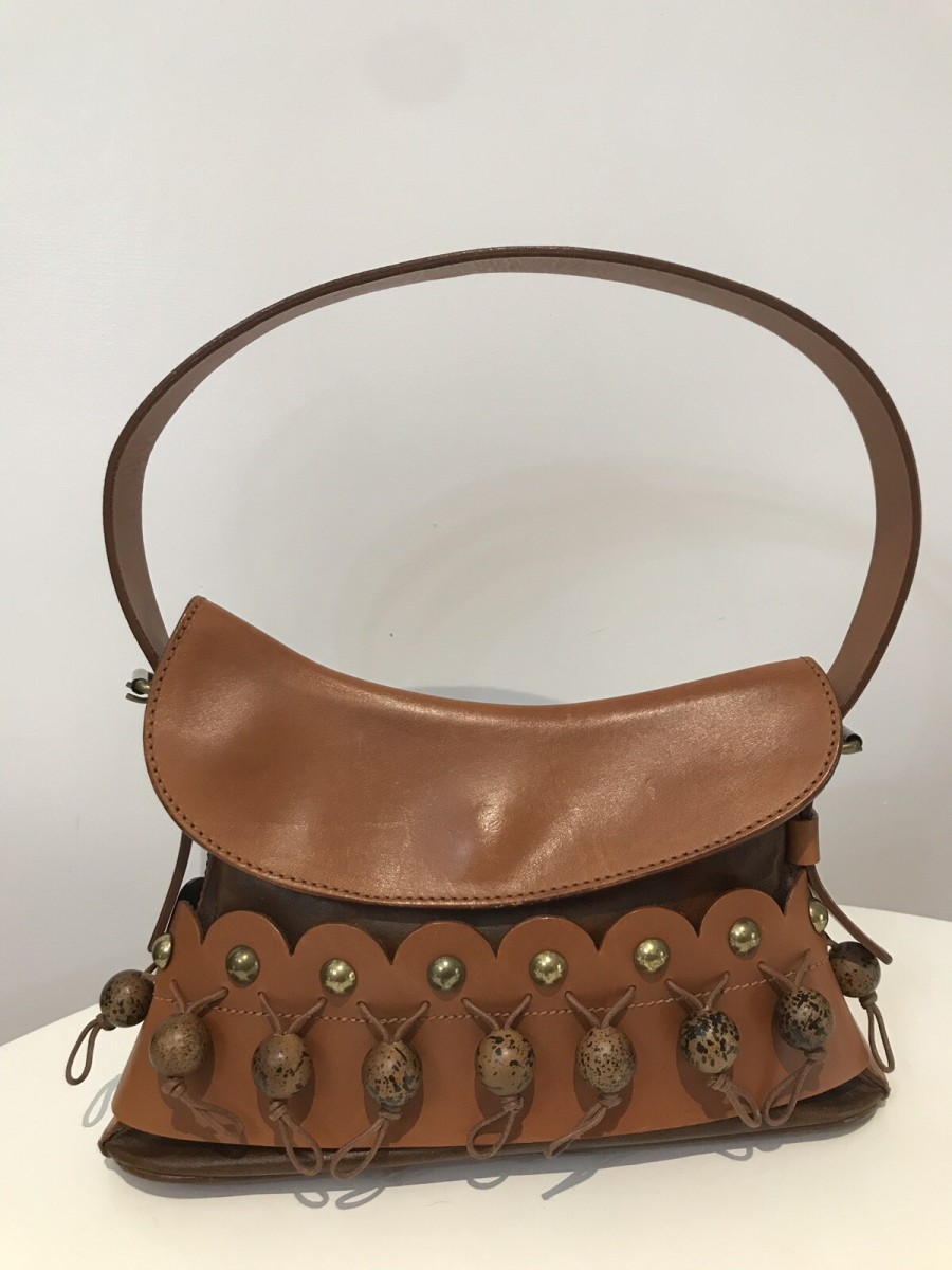 Stunning Rodo Italian Designer Scalloped Edge Tan Leather Pom Pom Handbag