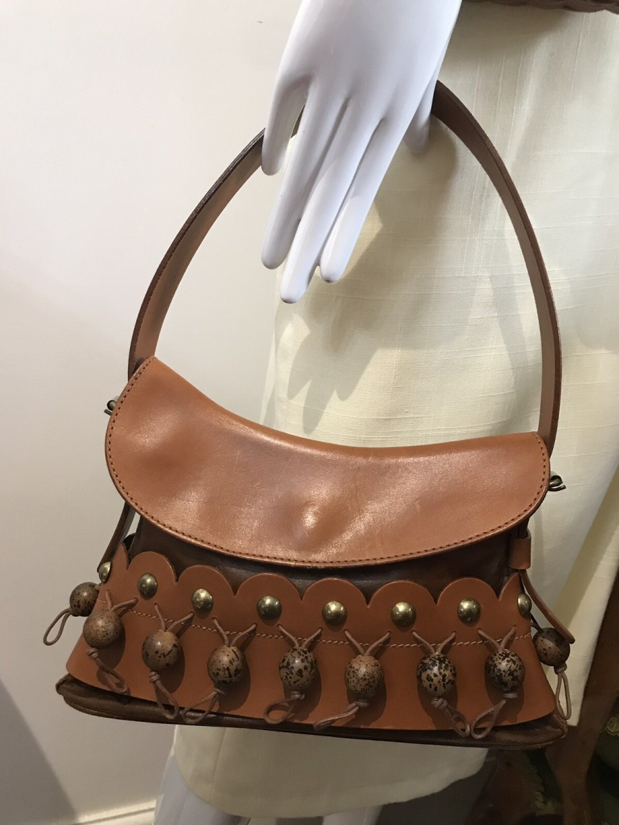 Stunning Rodo Italian Designer Scalloped Edge Tan Leather Pom Pom Handbag
