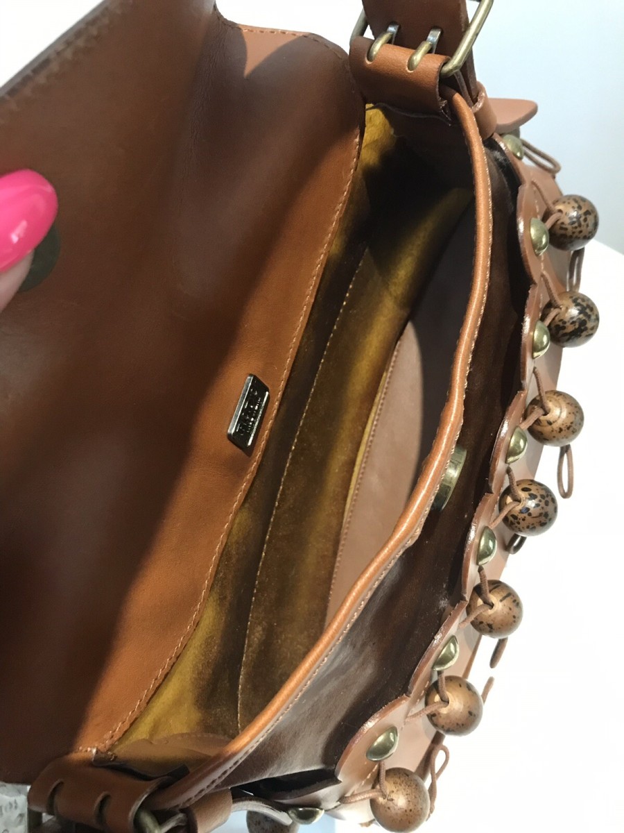 Stunning Rodo Italian Designer Scalloped Edge Tan Leather Pom Pom Handbag