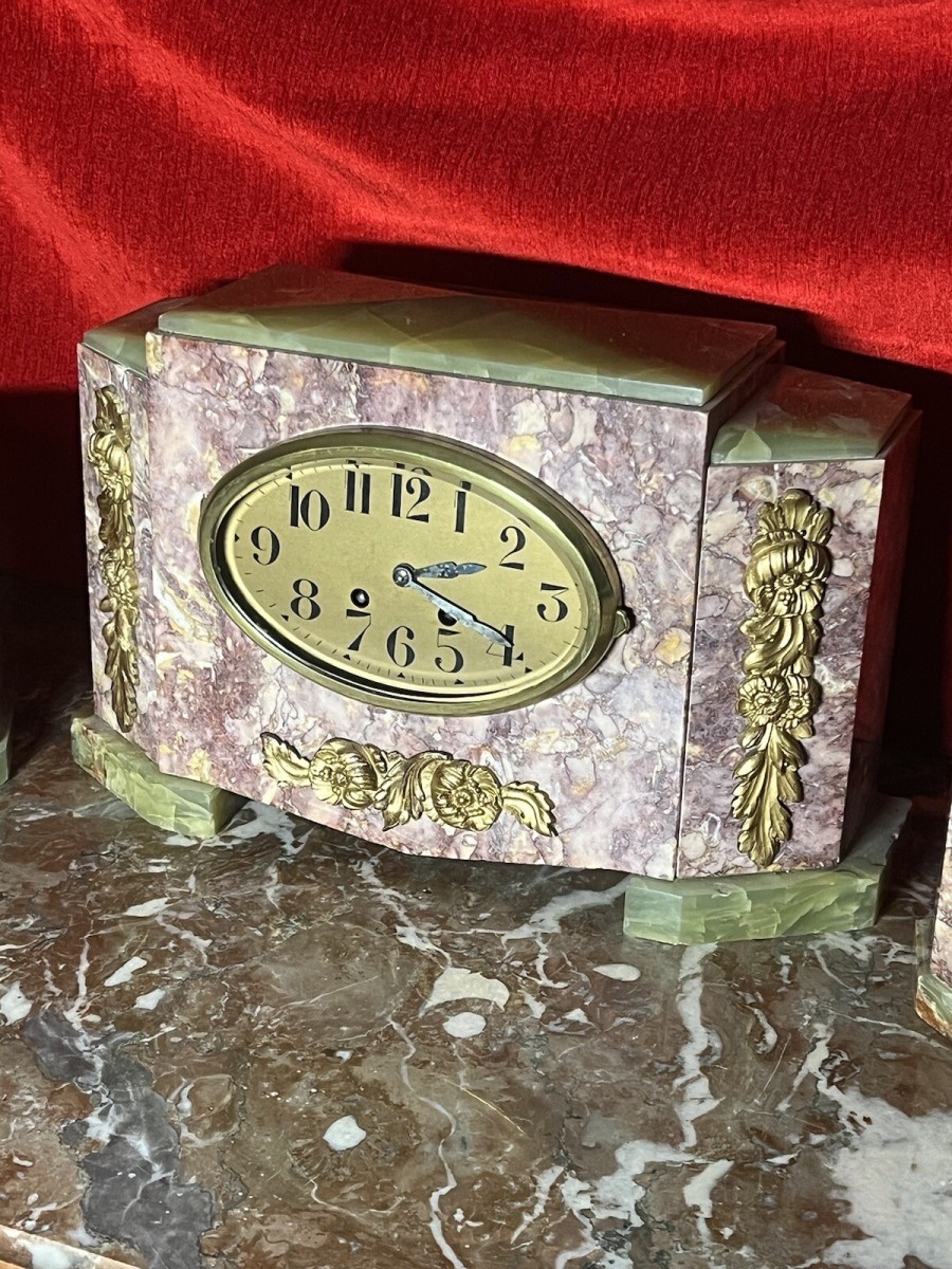 French Art Deco Marble Mantle Clock Garniture