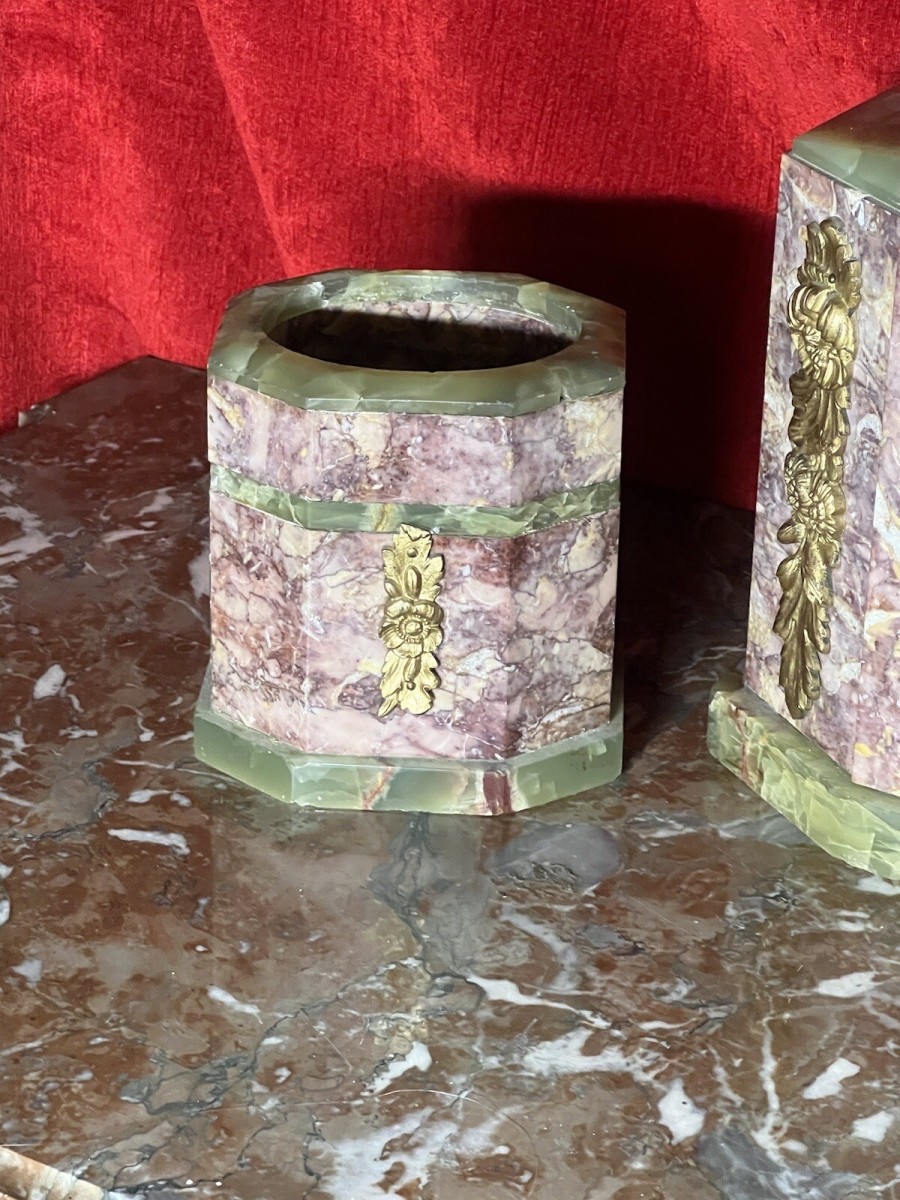 French Art Deco Marble Mantle Clock Garniture