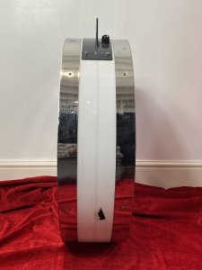 Chromium Hanging Cylindrical Shop Sign In The Manner Of Rolex Oyster Perpetual Circa - 1970's Composition - Metal Frame With Chrome And Perspex Listing Description Cylindrical Shaped Metal Frame Hanging Shop Sign With White Perspex Front And Back Elevations Depicting Chromium Mermaids Either Side Of A Chromium Crown Motif. Top Hanging Brackets With Chromium Boarder. Heavy Item With Impeccable Quality. A Hanging Showpiece For Garden, Interior Setting For Collector Or Rolex Enthusiast. The Mermaids And Crown Emblem Logo Is Better Known As The Iconic Logo For Rolex Watches, Geneva, Switzerland. Firstly Used In The 1920's, This Sign Was Created As A Commemorative Prototype To Launch The Newer Model During The 1970's Which Took Inspiration From The Earlier 1926 Oyster Perpetual Range. It Was Intended To Hang Outside A New Flagship Store In London But Unfortunately The Design Was Changed So The Sign Was Unused And Kept By An Influential Employee Of The Luxury Brand. Condition - Antique Used Unfortunately One Mermaids Torso Is Missing. Signs Of Wear To Chrome With Slight Scuffs/Scratches Due To Age. Provenance Signage Designed As Prototype For Rolex Watches To Commemorate Launch Of Newer Model And Purchased From Rolex Employee. Knightsbridge, London. Dimensions In Inches Height 29 1/4" Width 29 1/4" Depth 8 1/4" Weight Approx 90KG