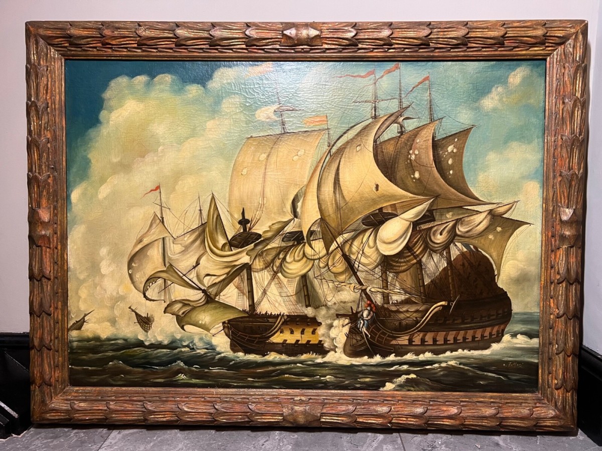Primary image for Large 19th Century Italian School Dino Fattori Man O War Battleship Oilpainting
