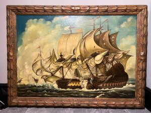 Large 19th Century Italian Fine Art Oil Painting By Dino Fattori 'Man O War Ships' Battle Scene. Circa - 19th Century Composition - Oil On Canvas Listing Description Impeccable Antique 19th Century Oil Painting On Canvas Depicting Large Spanish And Italian Warships Engaged In Battle. The Battleships Painted In Fine Detail With Wooden Vessel And Gun Ports, Intricate Rigging With Masts Flying And Crew On Deck. Plumes Of Smoke Billow From The Impact Of Flying Cannon Balls Between Ships. A Large Colourful Figure Head Visible On The Bow Of Passing Nearside Ship. Both Ships Glide Upon Reflective Rolling Wave Masterpiece And Are Set In Front of Finely Painted Clouds. The Oil Painting Showcases Breathtaking Use Of Light And Shadow By Very Accomplished Italian Artist Signed Dino Fattori . Collectors Artwork Set In Exceptional Original Acanthus Leaf Gesso Frame. Large And Heavy Artwork. Dimensions In Inches Height 33" X Width 44.5" For Further information Please Call Our Curator Leslie On 07707 488566 Thank-you
