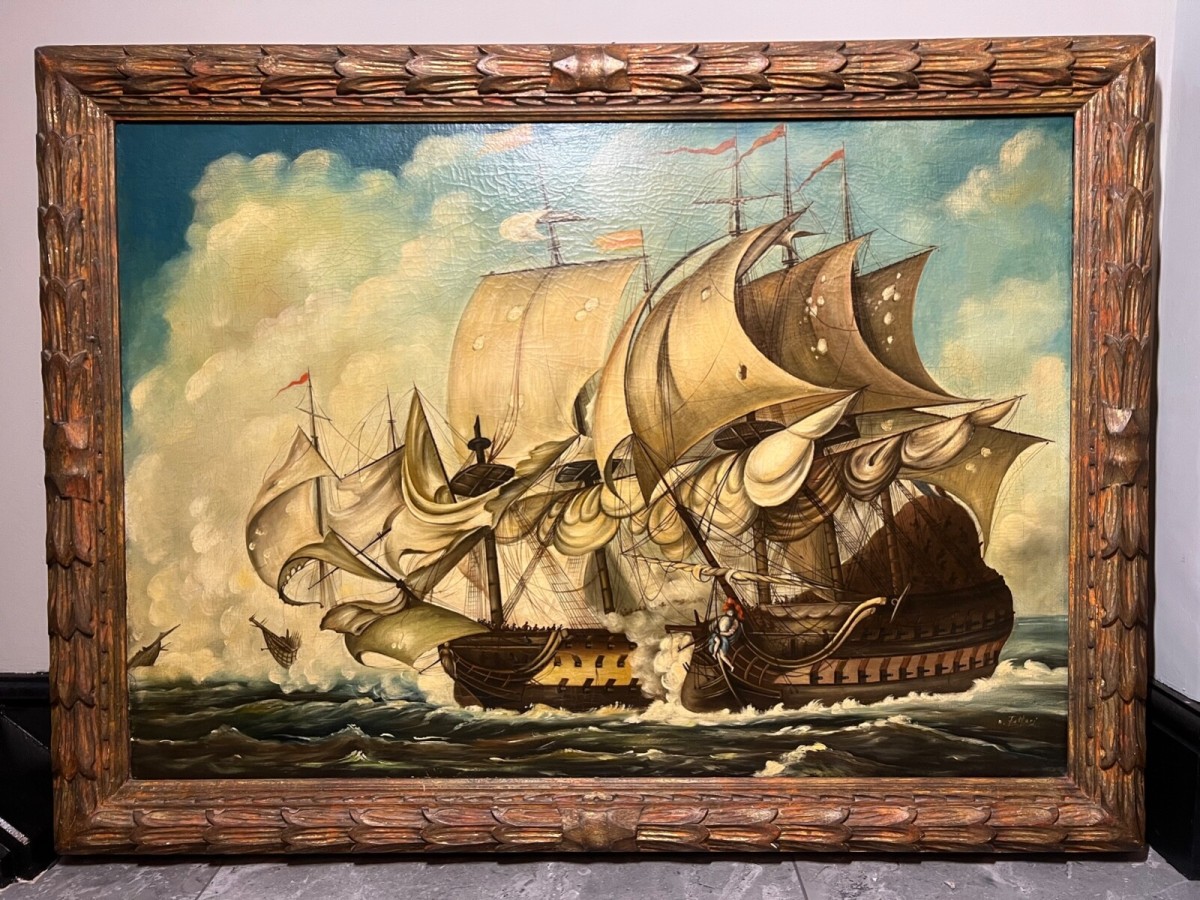 Large 19th Century Italian School Dino Fattori Man O War Battleship Oilpainting