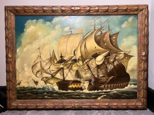 Large 19th Century Italian Fine Art Oil Painting By Dino Fattori 'Man O War Ships' Battle Scene. Circa - 19th Century Composition - Oil On Canvas Listing Description Impeccable Antique 19th Century Oil Painting On Canvas Depicting Large Spanish And Italian Warships Engaged In Battle. The Battleships Painted In Fine Detail With Wooden Vessel And Gun Ports, Intricate Rigging With Masts Flying And Crew On Deck. Plumes Of Smoke Billow From The Impact Of Flying Cannon Balls Between Ships. A Large Colourful Figure Head Visible On The Bow Of Passing Nearside Ship. Both Ships Glide Upon Reflective Rolling Wave Masterpiece And Are Set In Front of Finely Painted Clouds. The Oil Painting Showcases Breathtaking Use Of Light And Shadow By Very Accomplished Italian Artist Signed Dino Fattori . Collectors Artwork Set In Exceptional Original Acanthus Leaf Gesso Frame. Large And Heavy Artwork. Dimensions In Inches Height 33" X Width 44.5" For Further information Please Call Our Curator Leslie On 07707 488566 Thank-you