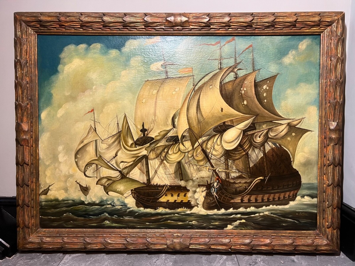 Large 19th Century Italian School Dino Fattori Man O War Battleship Oilpainting