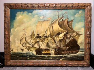 Large 19th Century Italian Fine Art Oil Painting By Dino Fattori 'Man O War Ships' Battle Scene. Circa - 19th Century Composition - Oil On Canvas Listing Description Impeccable Antique 19th Century Oil Painting On Canvas Depicting Large Spanish And Italian Warships Engaged In Battle. The Battleships Painted In Fine Detail With Wooden Vessel And Gun Ports, Intricate Rigging With Masts Flying And Crew On Deck. Plumes Of Smoke Billow From The Impact Of Flying Cannon Balls Between Ships. A Large Colourful Figure Head Visible On The Bow Of Passing Nearside Ship. Both Ships Glide Upon Reflective Rolling Wave Masterpiece And Are Set In Front of Finely Painted Clouds. The Oil Painting Showcases Breathtaking Use Of Light And Shadow By Very Accomplished Italian Artist Signed Dino Fattori . Collectors Artwork Set In Exceptional Original Acanthus Leaf Gesso Frame. Large And Heavy Artwork. Dimensions In Inches Height 33" X Width 44.5" For Further information Please Call Our Curator Leslie On 07707 488566 Thank-you