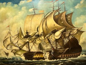 Large 19th Century Italian Fine Art Oil Painting By Dino Fattori 'Man O War Ships' Battle Scene. Circa - 19th Century Composition - Oil On Canvas Listing Description Impeccable Antique 19th Century Oil Painting On Canvas Depicting Large Spanish And Italian Warships Engaged In Battle. The Battleships Painted In Fine Detail With Wooden Vessel And Gun Ports, Intricate Rigging With Masts Flying And Crew On Deck. Plumes Of Smoke Billow From The Impact Of Flying Cannon Balls Between Ships. A Large Colourful Figure Head Visible On The Bow Of Passing Nearside Ship. Both Ships Glide Upon Reflective Rolling Wave Masterpiece And Are Set In Front of Finely Painted Clouds. The Oil Painting Showcases Breathtaking Use Of Light And Shadow By Very Accomplished Italian Artist Signed Dino Fattori . Collectors Artwork Set In Exceptional Original Acanthus Leaf Gesso Frame. Large And Heavy Artwork. Dimensions In Inches Height 33" X Width 44.5" For Further information Please Call Our Curator Leslie On 07707 488566 Thank-you