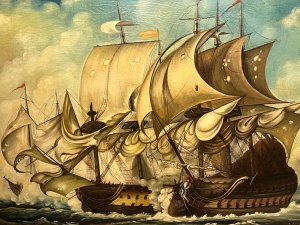 Large 19th Century Italian Fine Art Oil Painting By Dino Fattori 'Man O War Ships' Battle Scene. Circa - 19th Century Composition - Oil On Canvas Listing Description Impeccable Antique 19th Century Oil Painting On Canvas Depicting Large Spanish And Italian Warships Engaged In Battle. The Battleships Painted In Fine Detail With Wooden Vessel And Gun Ports, Intricate Rigging With Masts Flying And Crew On Deck. Plumes Of Smoke Billow From The Impact Of Flying Cannon Balls Between Ships. A Large Colourful Figure Head Visible On The Bow Of Passing Nearside Ship. Both Ships Glide Upon Reflective Rolling Wave Masterpiece And Are Set In Front of Finely Painted Clouds. The Oil Painting Showcases Breathtaking Use Of Light And Shadow By Very Accomplished Italian Artist Signed Dino Fattori . Collectors Artwork Set In Exceptional Original Acanthus Leaf Gesso Frame. Large And Heavy Artwork. Dimensions In Inches Height 33" X Width 44.5" For Further information Please Call Our Curator Leslie On 07707 488566 Thank-you