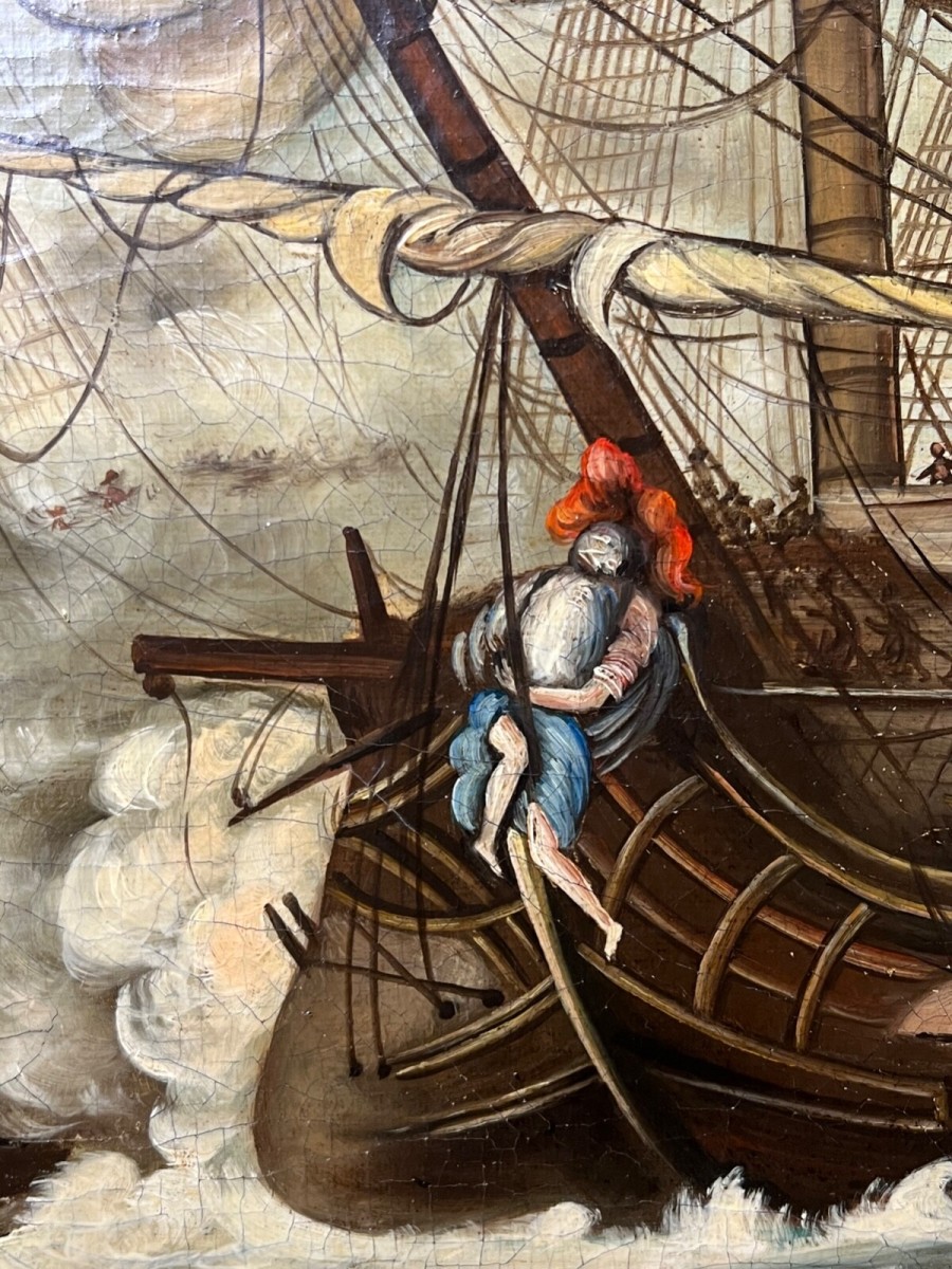Large 19th Century Italian School Dino Fattori Man O War Battleship Oilpainting