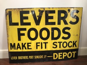 Large Antique LEVER FOODS PORT SUNLIGHT Yellow Enamel And Tin Plate Advertising Sign Advertising Sign Of England’s Most Renowned Soap Magnet Founder Viscount William Hesketh Lever The Founding Father Of Leverhulme Soap Empire Still Trading Today This Is One Of The First Advertising Signs For Lever Foods Dated Circa 1903 Port Sunlight Ltd The Beginning Of A Legend Merseyside Philanthropist, Industrialist And Art Collector Lever Brothers The Advertising Sign Is In Original Condition With Original Age A Authentic Rare Collectors Piece Former Lever Brothers Dimensions In Inches Height 36” Width 48” Approx Weight 40kg