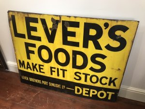 Large Antique LEVER FOODS PORT SUNLIGHT Yellow Enamel And Tin Plate Advertising Sign Advertising Sign Of England’s Most Renowned Soap Magnet Founder Viscount William Hesketh Lever The Founding Father Of Leverhulme Soap Empire Still Trading Today This Is One Of The First Advertising Signs For Lever Foods Dated Circa 1903 Port Sunlight Ltd The Beginning Of A Legend Merseyside Philanthropist, Industrialist And Art Collector Lever Brothers The Advertising Sign Is In Original Condition With Original Age A Authentic Rare Collectors Piece Former Lever Brothers Dimensions In Inches Height 36” Width 48” Approx Weight 40kg