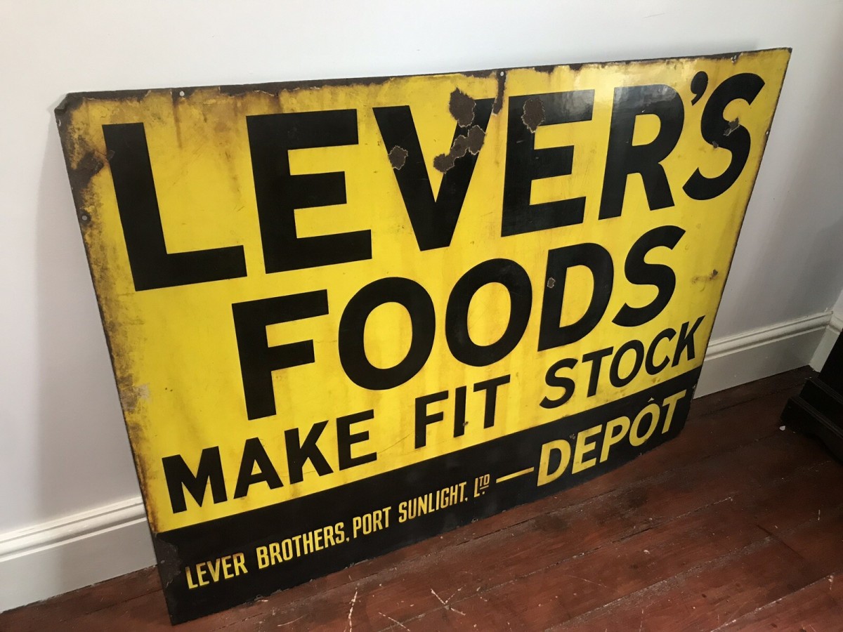 Large Antique Lever Foods Port Sunlight Yellow Vitreous Enamel Advertising Sign