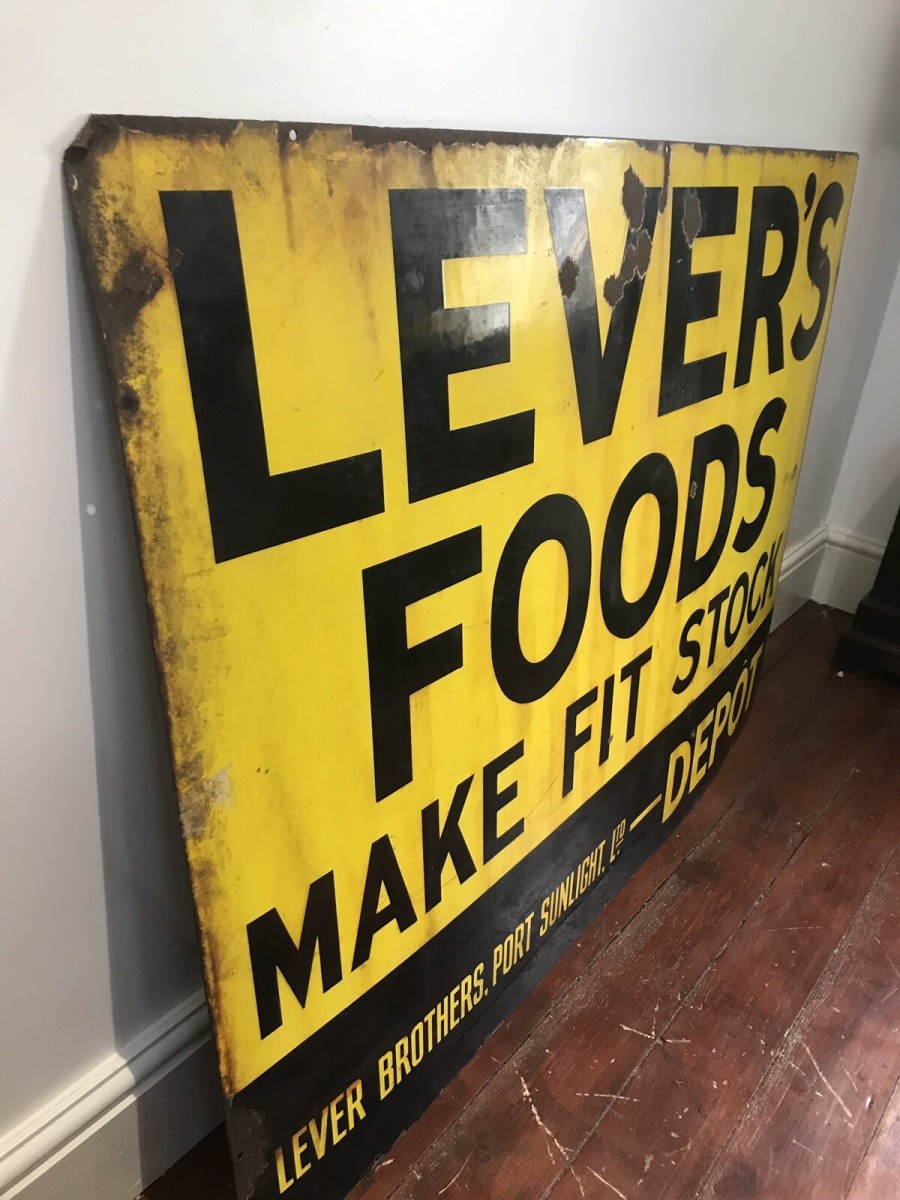 Large Antique Lever Foods Port Sunlight Yellow Vitreous Enamel Advertising Sign