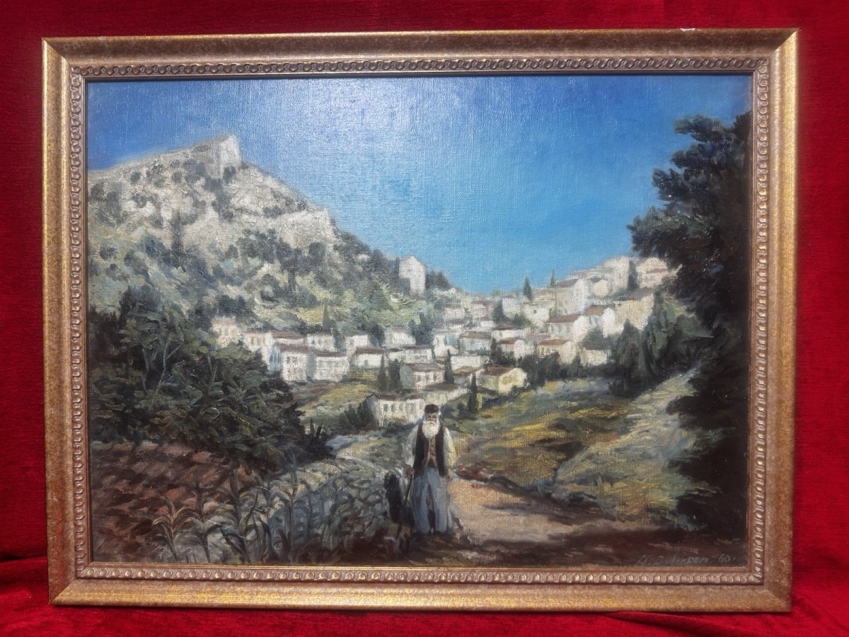 Primary image for Impressive Landscape Grecian Castle Of Karitania Oil Painting On Canvas Signed