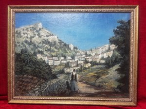 Impressive Landscape Grecian Castle of Karitania Oil Painting On Canvas Signed Composition - Oil On Canvas Title - Castle Of Karitania Listing Description Wonderful Mediterranean Landscape showcasing Karitania Castle Fortress. A Local Gentleman Walks Down Footpath. The Castle of Karytaina is a prominent 13th-century Frankish fortress located in the mountainous Arcadia region of the Peloponnese, Greece. Signed H Anderson