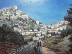 Impressive Landscape Grecian Castle of Karitania Oil Painting On Canvas Signed Composition - Oil On Canvas Title - Castle Of Karitania Listing Description Wonderful Mediterranean Landscape showcasing Karitania Castle Fortress. A Local Gentleman Walks Down Footpath. The Castle of Karytaina is a prominent 13th-century Frankish fortress located in the mountainous Arcadia region of the Peloponnese, Greece. Signed H Anderson