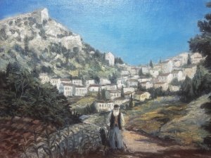 Impressive Landscape Grecian Castle of Karitania Oil Painting On Canvas Signed Composition - Oil On Canvas Title - Castle Of Karitania Listing Description Wonderful Mediterranean Landscape showcasing Karitania Castle Fortress. A Local Gentleman Walks Down Footpath. The Castle of Karytaina is a prominent 13th-century Frankish fortress located in the mountainous Arcadia region of the Peloponnese, Greece. Signed H Anderson