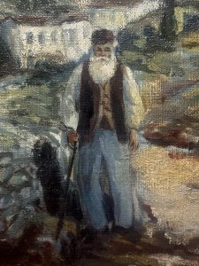 Impressive Landscape Grecian Castle of Karitania Oil Painting On Canvas Signed Composition - Oil On Canvas Title - Castle Of Karitania Listing Description Wonderful Mediterranean Landscape showcasing Karitania Castle Fortress. A Local Gentleman Walks Down Footpath. The Castle of Karytaina is a prominent 13th-century Frankish fortress located in the mountainous Arcadia region of the Peloponnese, Greece. Signed H Anderson