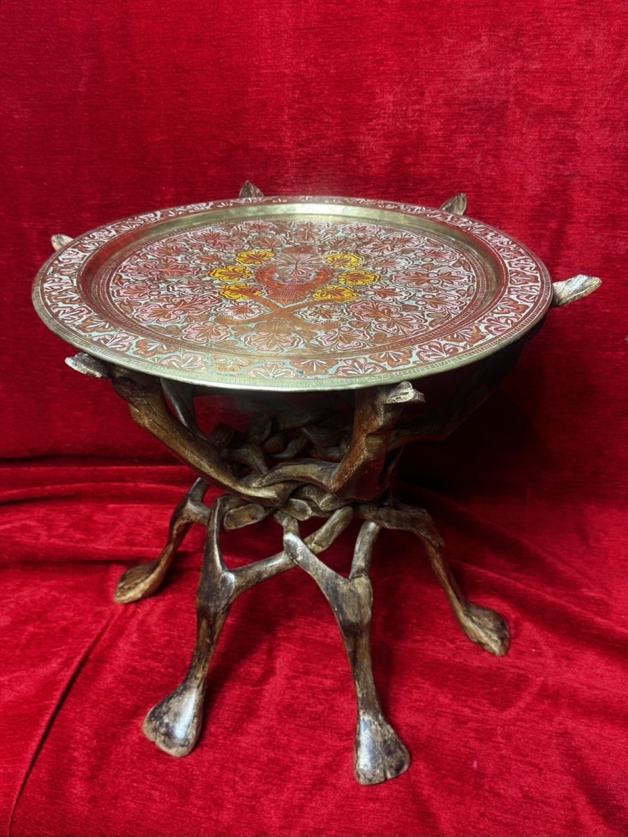 Primary image for Decorative Floral Brass Charger & Fruitwood Camel Base Occasional Table