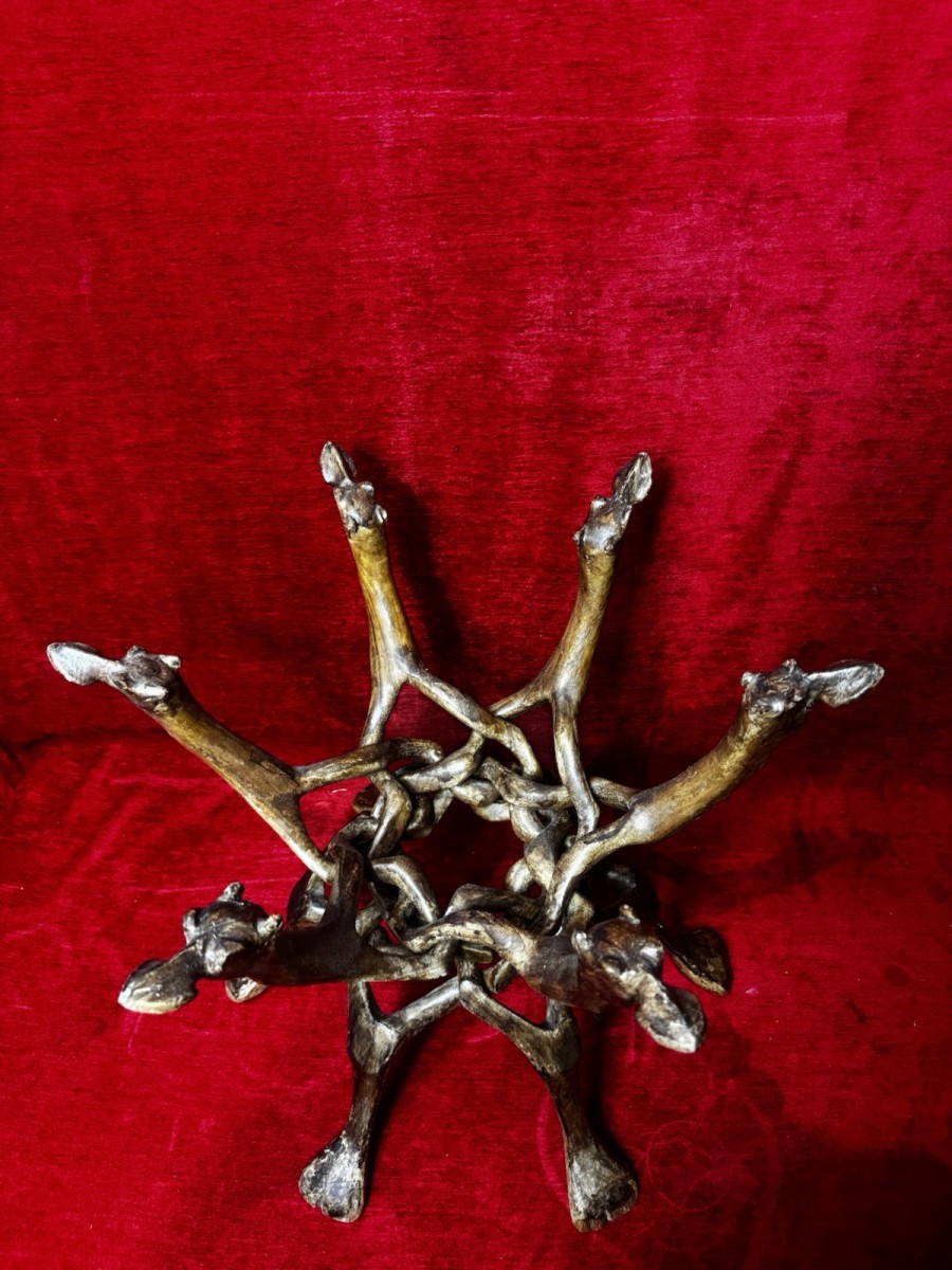 Decorative Floral Brass Charger & Fruitwood Camel Base Occasional Table
