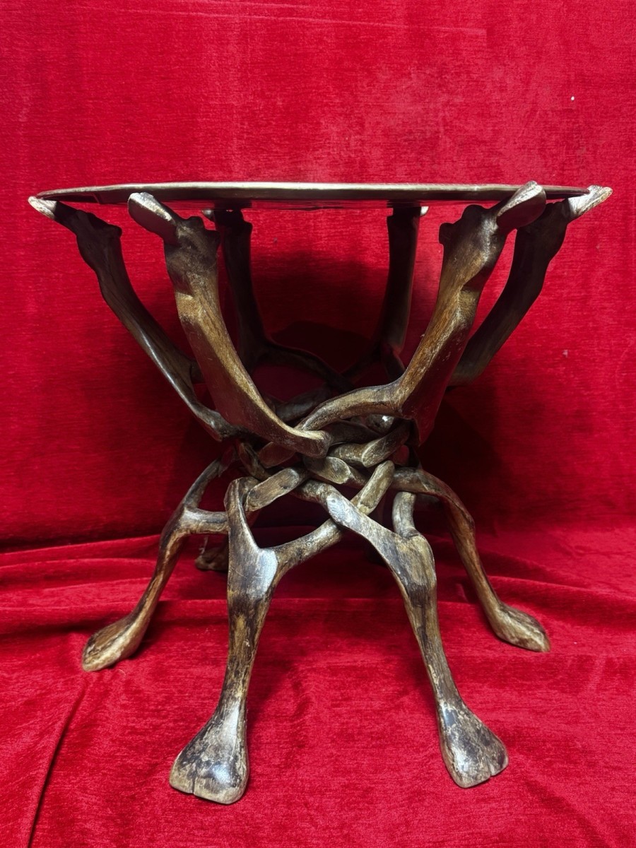 Decorative Floral Brass Charger & Fruitwood Camel Base Occasional Table