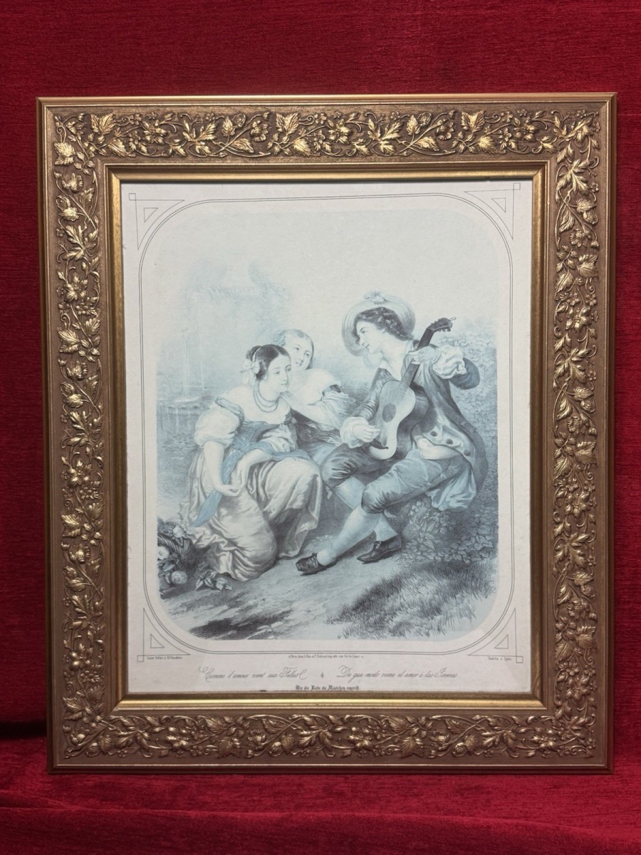 Primary image for French Romantic Mezzotint Print Titled "comme L'amour Vient Aux Filles"