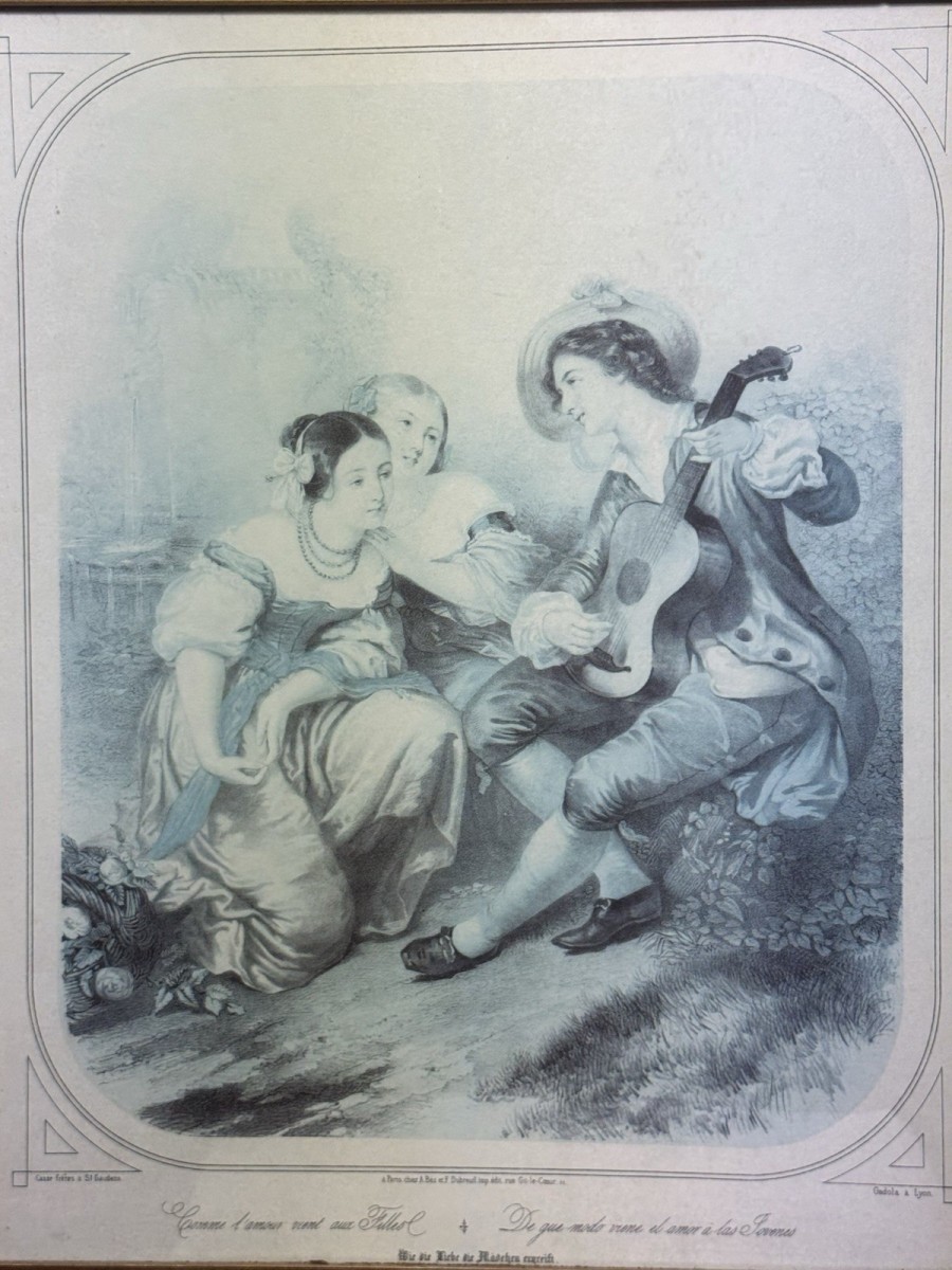 French Romantic Mezzotint Print Titled "comme L'amour Vient Aux Filles"