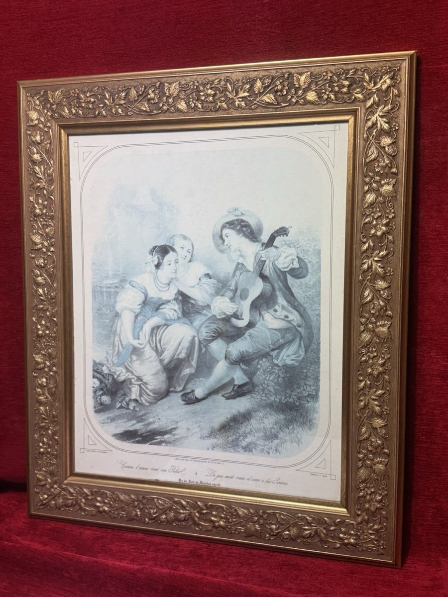 French Romantic Mezzotint Print Titled "comme L'amour Vient Aux Filles"