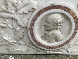 Italian Renoclassical Panel Regency Period Rare Antique Decorative Solid Marble Panel With Prince Albert Carving By Master Stone Mason. Dimensions In Cm Height 22cm x Width137cm x Depth 14cm