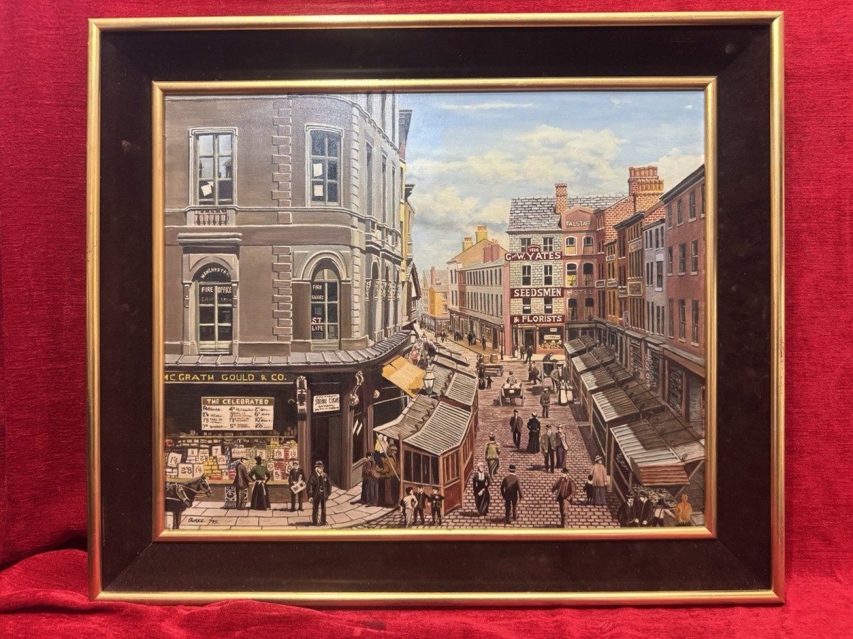 20century Fine Art ‘the Street Traders’ By British Artist Patrick Burke Painting