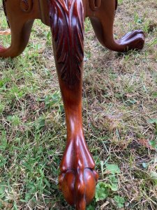 Reproduction Craftsman Made Rich Red Walnut Chippendale Style Wine Table. Circular Top With Ornate Pie Crust Edge, Set In Turned Mount And Tripod Legs With Rich Acantus Leaf Carving And Claw And Ball Feet.