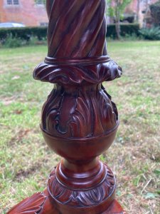 Reproduction Craftsman Made Rich Red Walnut Chippendale Style Wine Table. Circular Top With Ornate Pie Crust Edge, Set In Turned Mount And Tripod Legs With Rich Acantus Leaf Carving And Claw And Ball Feet.