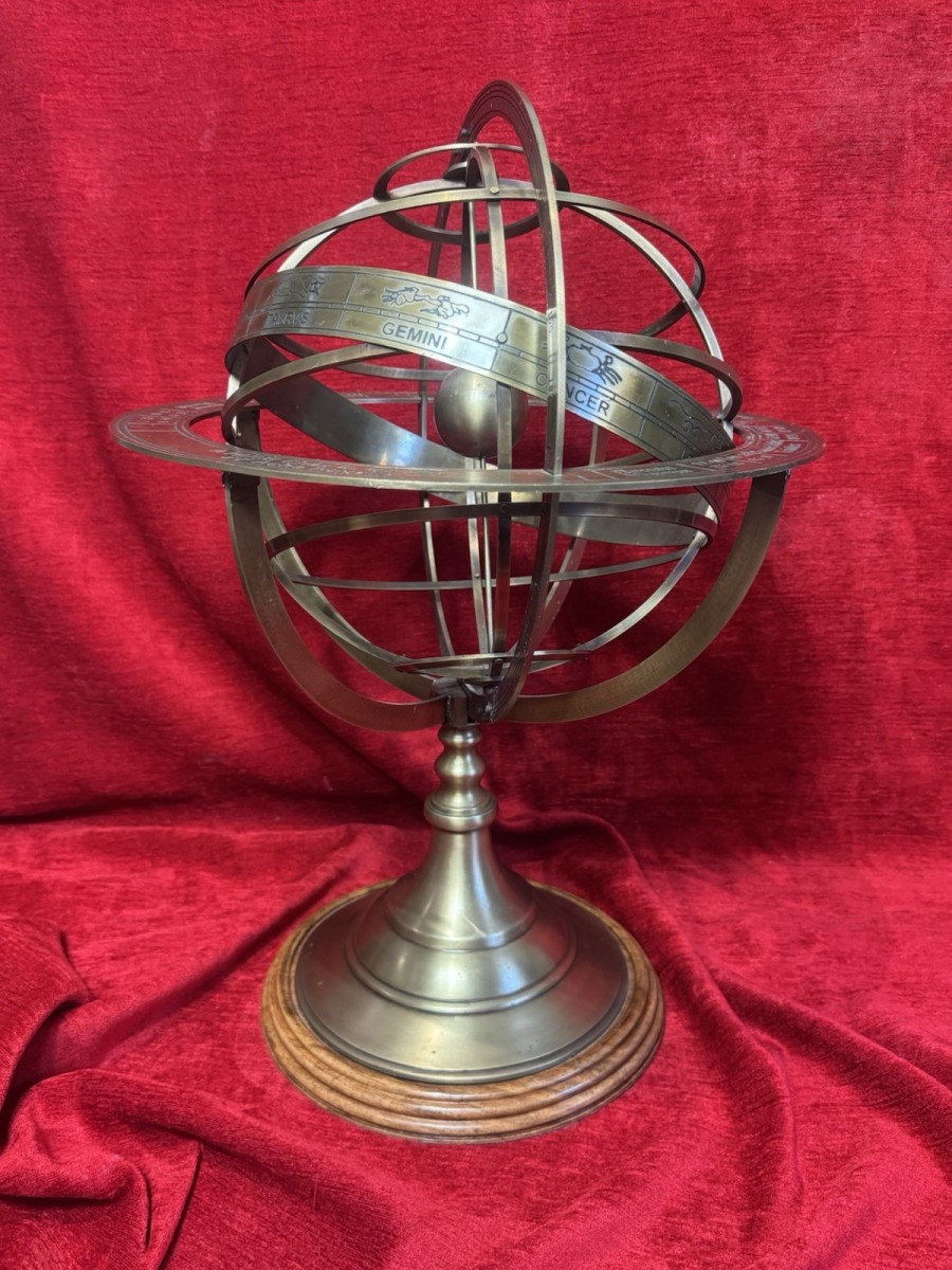 Primary image for Large Antique Brass Astrologists Armillary Sphere On Wooden Pediment