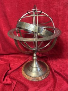 The Workings Of A Armillary Sphere. At the centre is a small brass sphere representing the Earth. Above it rotate a set of rings representing the heavens - the celestial sphere - with one complete revolution approximating 24 hours.