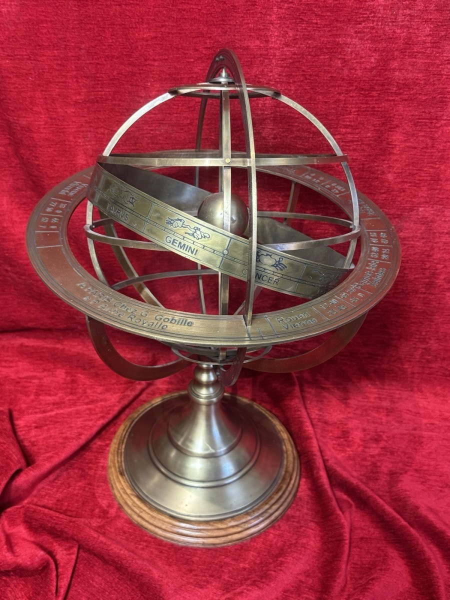 Large Antique Brass Astrologists Armillary Sphere On Wooden Pediment