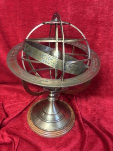 The Workings Of A Armillary Sphere. At the centre is a small brass sphere representing the Earth. Above it rotate a set of rings representing the heavens - the celestial sphere - with one complete revolution approximating 24 hours.