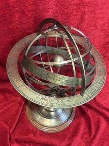 The Workings Of A Armillary Sphere. At the centre is a small brass sphere representing the Earth. Above it rotate a set of rings representing the heavens - the celestial sphere - with one complete revolution approximating 24 hours.