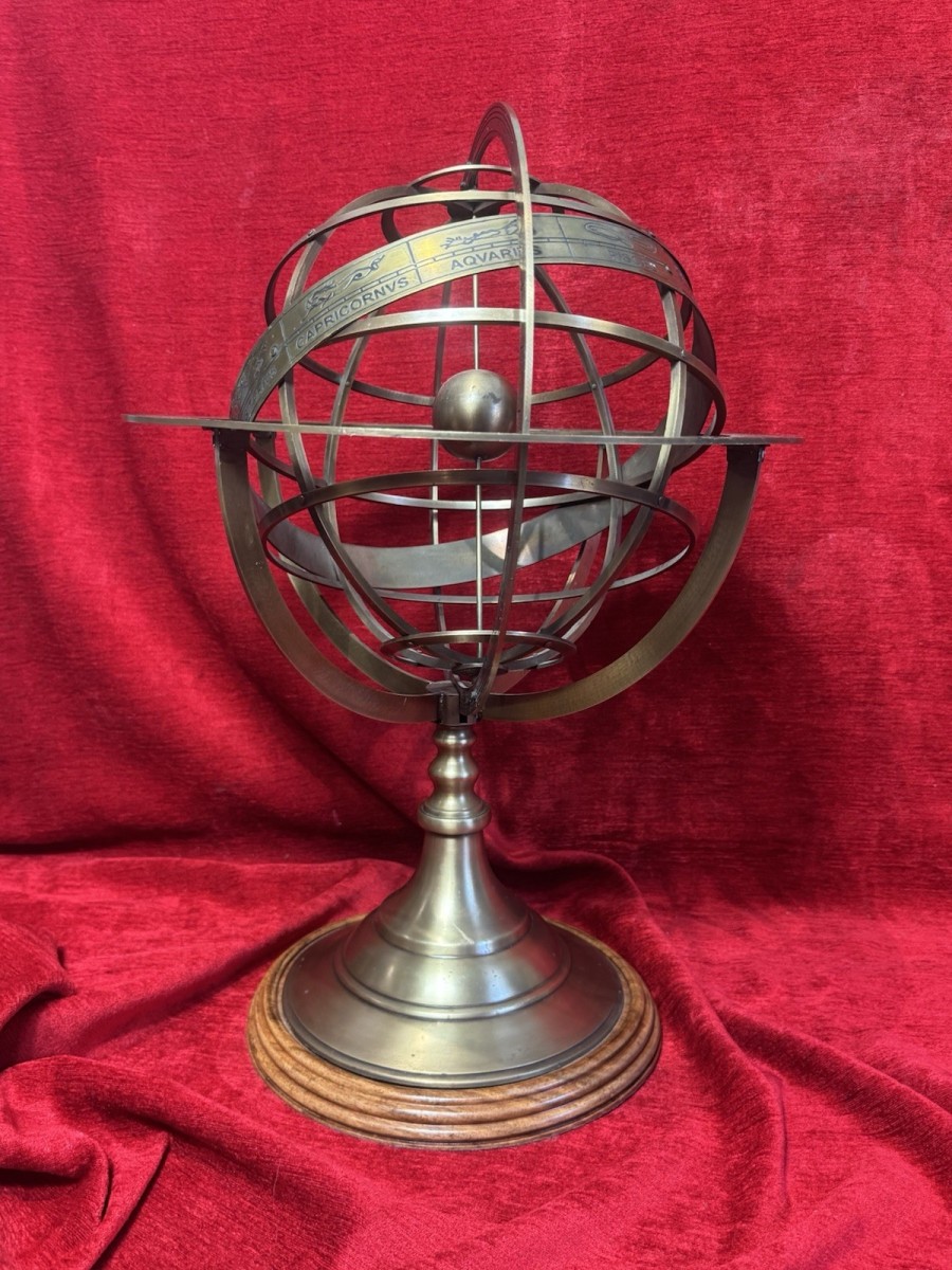 Large Antique Brass Astrologists Armillary Sphere On Wooden Pediment
