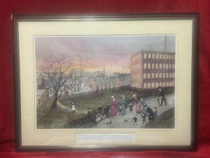 Wonderful Print Of Helen Bradley Artwork Titled Spring Walk. Many Industrial Buildings And houses In The Backdrop.