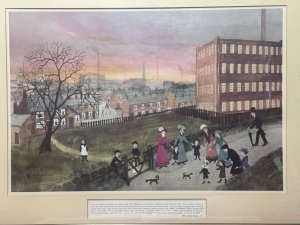 Wonderful Print Of Helen Bradley Artwork Titled Spring Walk. Many Industrial Buildings And houses In The Backdrop.