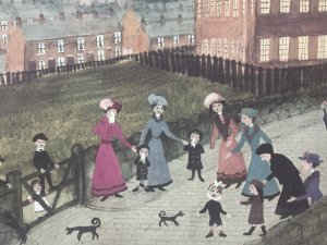 Wonderful Print Of Helen Bradley Artwork Titled Spring Walk. Many Industrial Buildings And houses In The Backdrop.