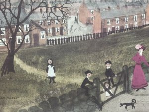 Wonderful Print Of Helen Bradley Artwork Titled Spring Walk. Many Industrial Buildings And houses In The Backdrop.