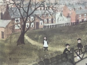 Wonderful Print Of Helen Bradley Artwork Titled Spring Walk. Many Industrial Buildings And houses In The Backdrop.