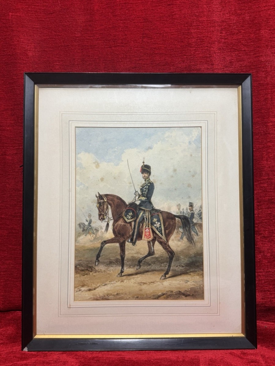 Royal Hussars Military Illustration Watercolour By Henry Martens Circa 1850